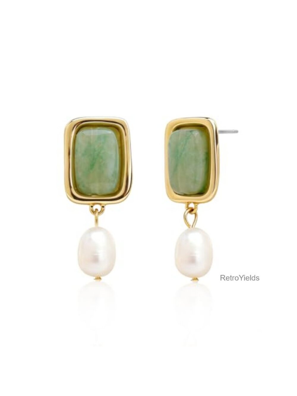 Gold Chunky Dangle Drop Earrings Aventurine Gemstone Pearl Accents